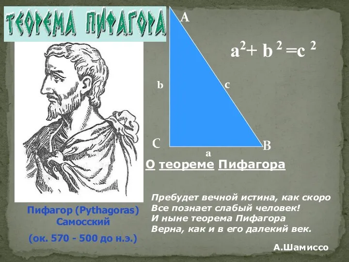 Пифагор (Pythagoras) Самосский (ок. 570 - 500 до н.э.) О теореме