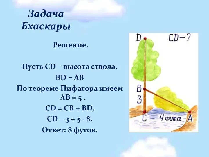 Задача Бхаскары Решение. Пусть CD – высота ствола. BD = АВ