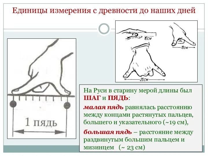 На Руси в старину мерой длины был ШАГ и ПЯДЬ: малая