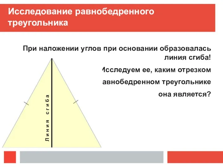 Исследование равнобедренного треугольника При наложении углов при основании образовалась линия сгиба!