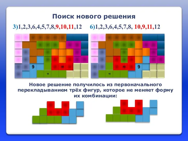 Новое решение получилось из первоначального перекладыванием трёх фигур, которое не меняет