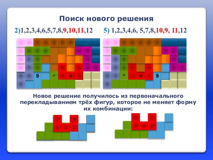 Новое решение получилось из первоначального перекладыванием трёх фигур, которое не меняет