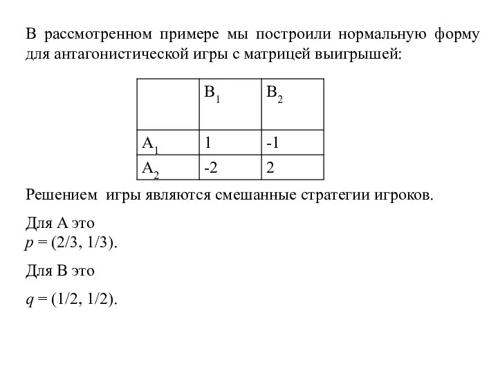 В рассмотренном примере мы построили нормальную форму для антагонистической игры с