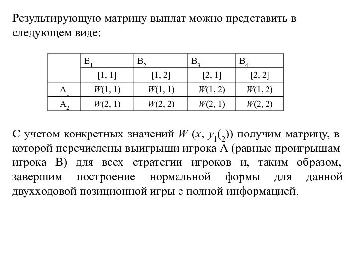 Результирующую матрицу выплат можно представить в следующем виде: С учетом конкретных