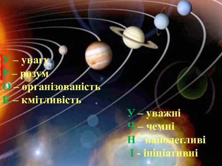 У – увагу Р – розум О – організованість К –