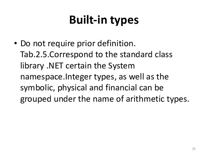 Built-in types Do not require prior definition. Tab.2.5.Correspond to the standard