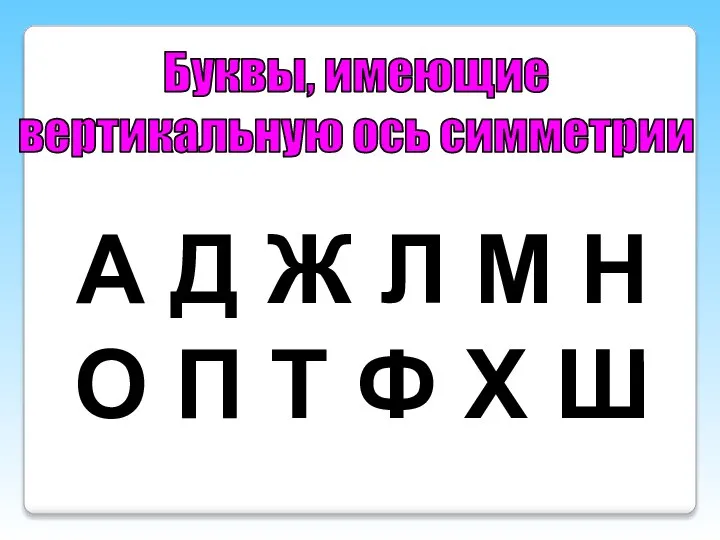 Буквы, имеющие вертикальную ось симметрии А Д Ж Л М Н