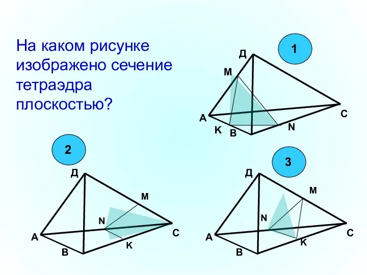 На каком рисунке изображено сечение тетраэдра плоскостью? M N K M M K K N N