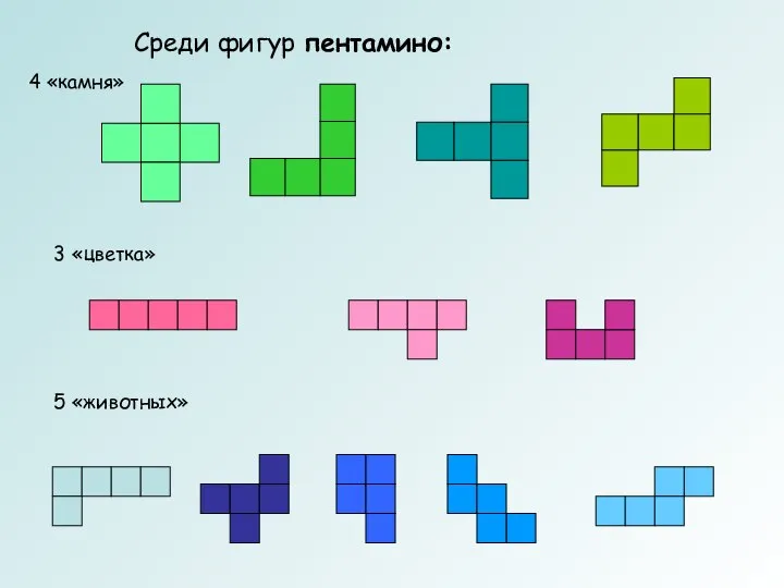 Среди фигур пентамино: 4 «камня» 3 «цветка» 5 «животных»