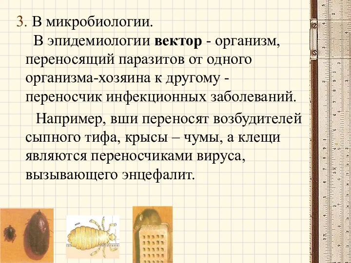 3. В микробиологии. В эпидемиологии вектор - организм, переносящий паразитов от