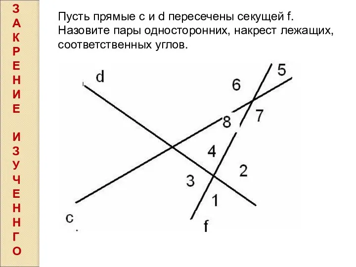 Пусть прямые c и d пересечены секущей f. Назовите пары односторонних,