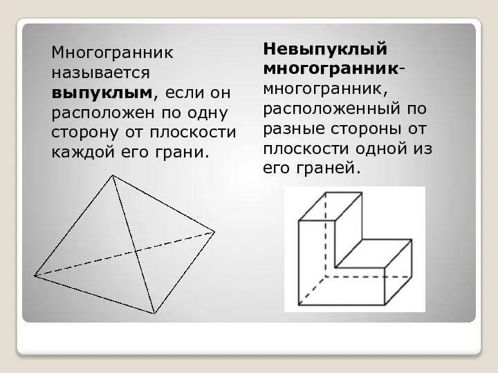 Невыпуклый многогранник- многогранник, расположенный по разные стороны от плоскости одной из