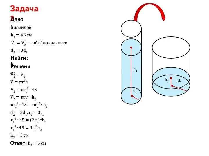 Задача 2 Дано: Решение: Найти: h2 цилиндры V2 = πr22 ∙