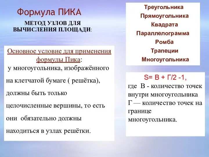 Формула ПИКА МЕТОД УЗЛОВ ДЛЯ ВЫЧИСЛЕНИЯ ПЛОЩАДИ: Треугольника Прямоугольника Квадрата Параллелограмма