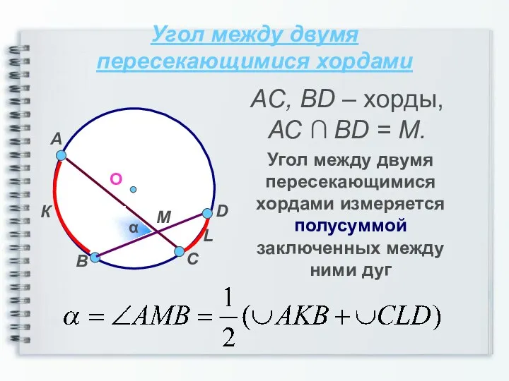 Угол между двумя пересекающимися хордами Угол между двумя пересекающимися хордами измеряется