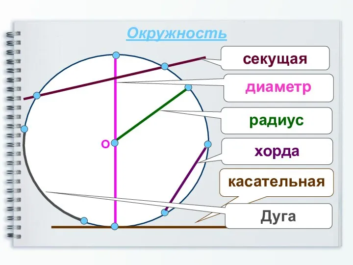 О радиус касательная хорда секущая диаметр Окружность Дуга