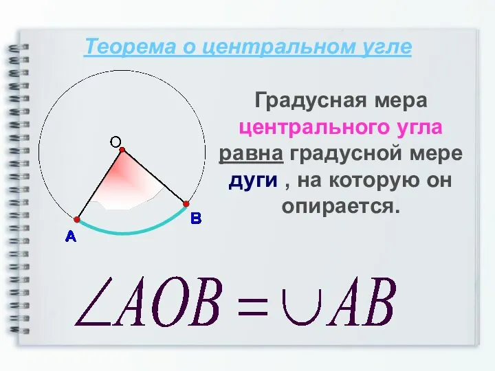Теорема о центральном угле Градусная мера центрального угла равна градусной мере