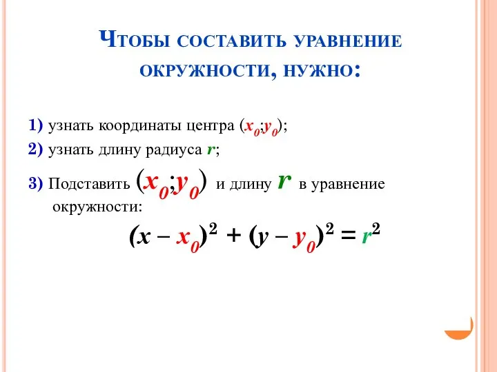 Чтобы составить уравнение окружности, нужно: 1) узнать координаты центра (х0;у0); 2)