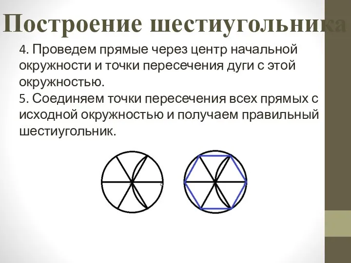 4. Проведем прямые через центр начальной окружности и точки пересечения дуги