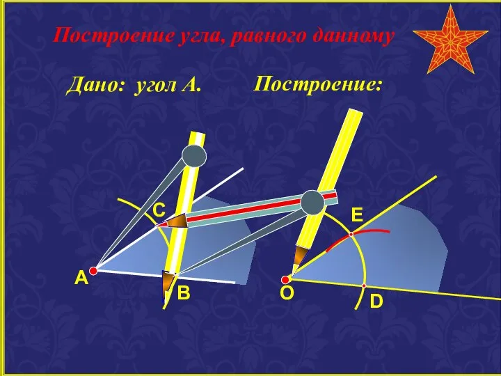 А В С Построение угла, равного данному Дано: угол А. О D E Построение: