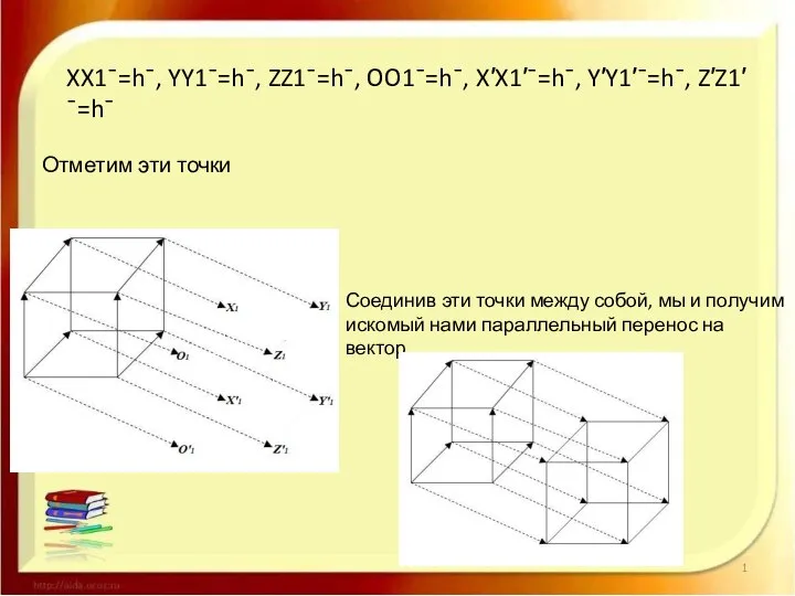 Отметим эти точки XX1¯=h¯, YY1¯=h¯, ZZ1¯=h¯, OO1¯=h¯, X′X1′¯=h¯, Y′Y1′¯=h¯, Z′Z1′¯=h¯ Соединив