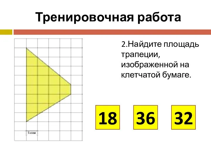 Тренировочная работа 2.Найдите площадь трапеции, изображенной на клетчатой бумаге. 18 36 32