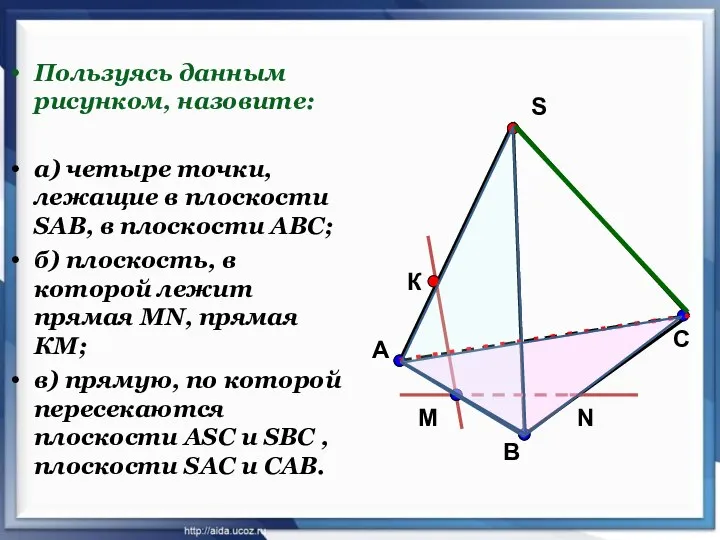 Пользуясь данным рисунком, назовите: а) четыре точки, лежащие в плоскости SAB,