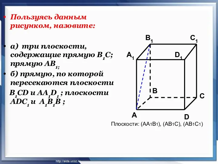 Пользуясь данным рисунком, назовите: а) три плоскости, содержащие прямую В1С; прямую