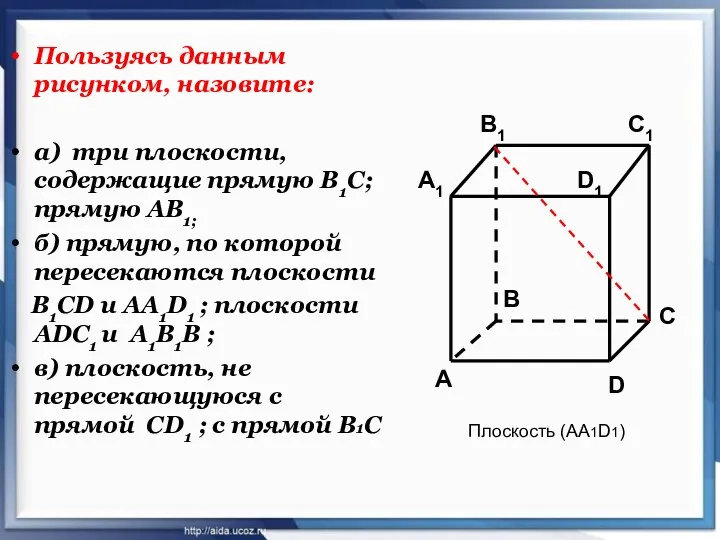 Пользуясь данным рисунком, назовите: а) три плоскости, содержащие прямую В1С; прямую