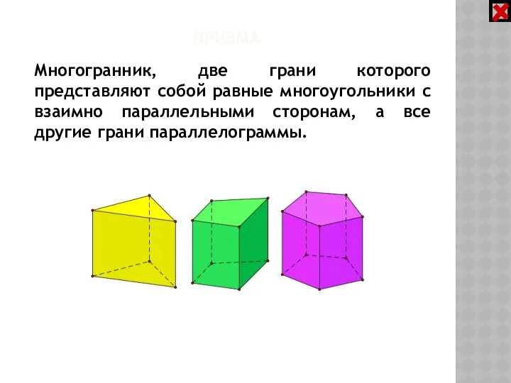 ПРИЗМА Многогранник, две грани которого представляют собой равные многоугольники с взаимно
