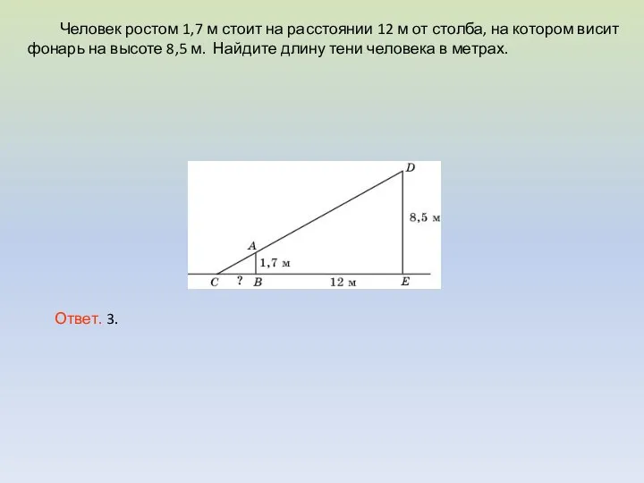 Человек ростом 1,7 м стоит на расстоянии 12 м от столба,