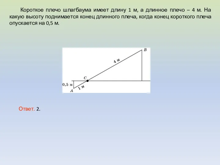 Короткое плечо шлагбаума имеет длину 1 м, а длинное плечо –