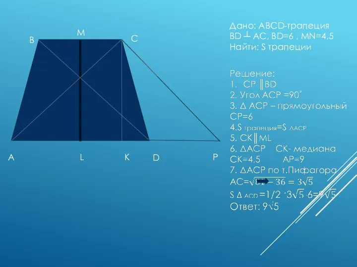 Дано: ABCD-трапеция BD ┴ AC, BD=6 , MN=4,5 Найти: S трапеции