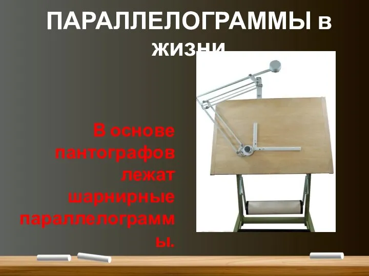 ПАРАЛЛЕЛОГРАММЫ в жизни В основе пантографов лежат шарнирные параллелограммы.