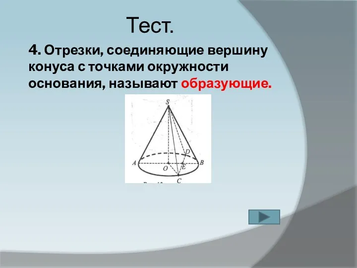 4. Отрезки, соединяющие вершину конуса с точками окружности основания, называют образующие. Тест.