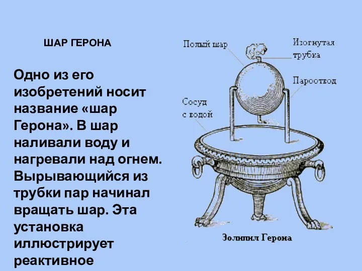 ШАР ГЕРОНА Одно из его изобретений носит название «шар Герона». В