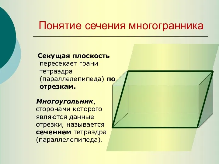 Многоугольник, сторонами которого являются данные отрезки, называется сечением тетраэдра (параллелепипеда). Понятие