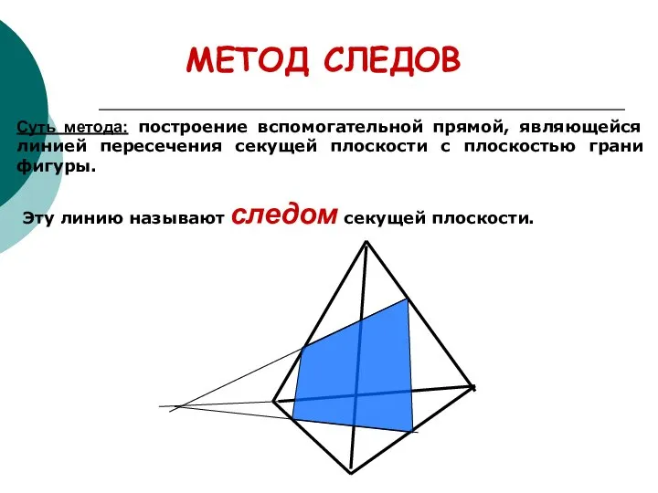 МЕТОД СЛЕДОВ Суть метода: построение вспомогательной прямой, являющейся линией пересечения секущей