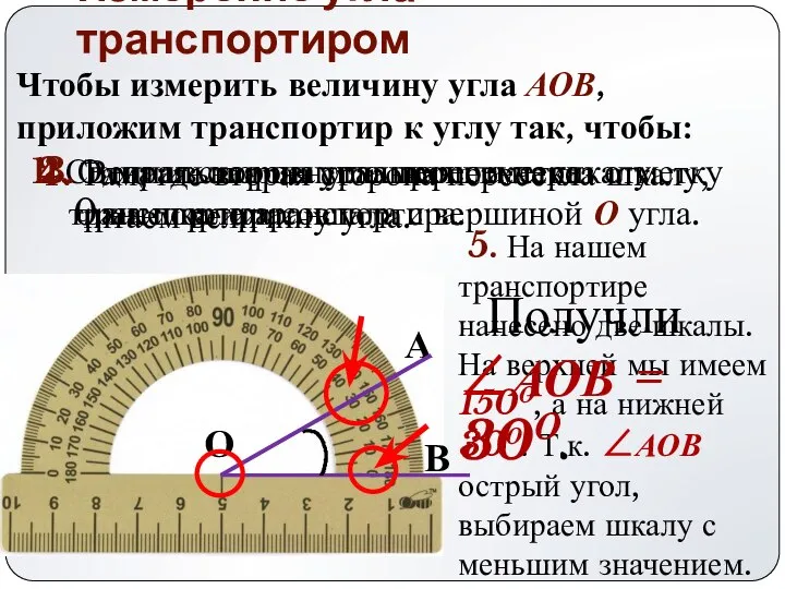 Измерение угла транспортиром Чтобы измерить величину угла АОВ, приложим транспортир к