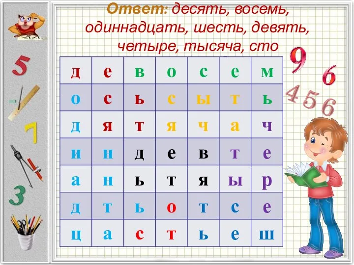 Ответ: десять, восемь, одиннадцать, шесть, девять, четыре, тысяча, сто