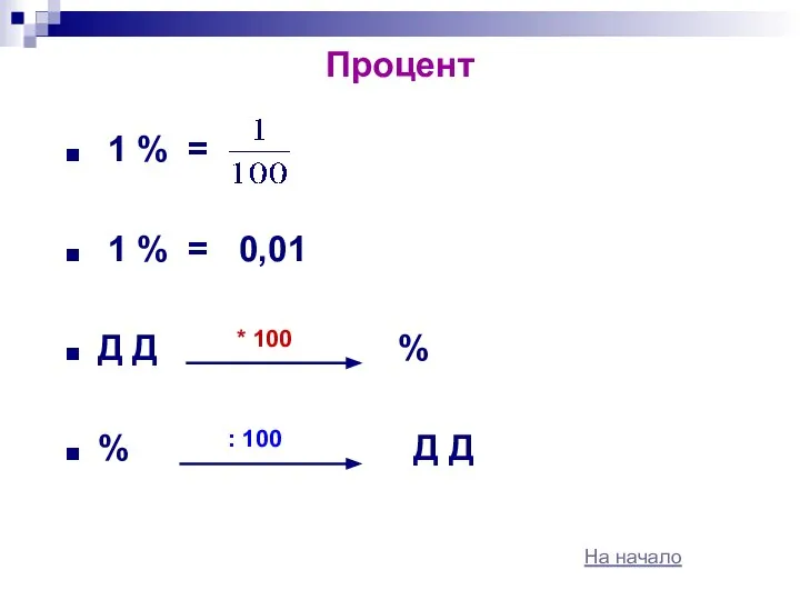 Процент 1 % = 1 % = 0,01 Д Д *