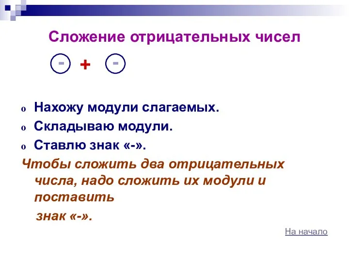 Сложение отрицательных чисел Нахожу модули слагаемых. Складываю модули. Ставлю знак «-».