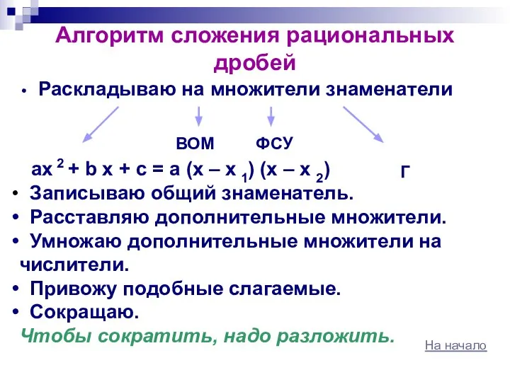 Алгоритм сложения рациональных дробей Раскладываю на множители знаменатели ax 2 +