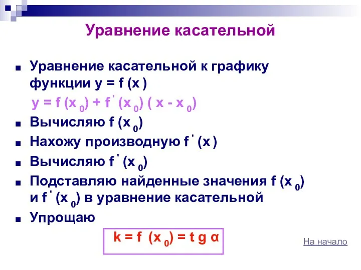 Уравнение касательной Уравнение касательной к графику функции y = f (x
