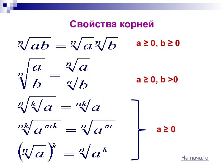 Свойства корней а ≥ 0, b ≥ 0 а ≥ 0,