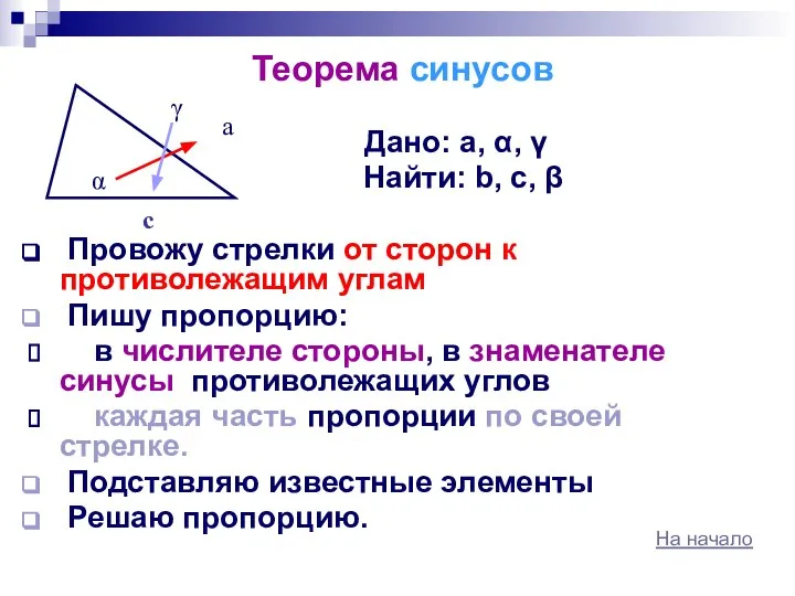 Теорема синусов Дано: а, α, γ Найти: b, c, β Провожу
