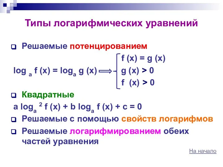 Типы логарифмических уравнений Решаемые потенцированием f (x) = g (x) log