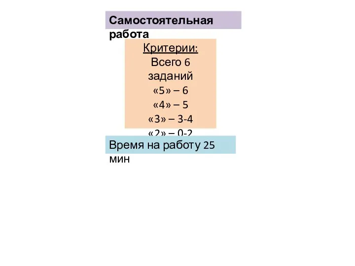 Самостоятельная работа Критерии: Всего 6 заданий «5» – 6 «4» –