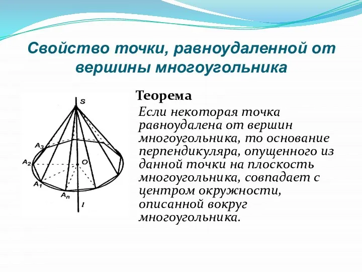 Свойство точки, равноудаленной от вершины многоугольника Теорема Если некоторая точка равноудалена