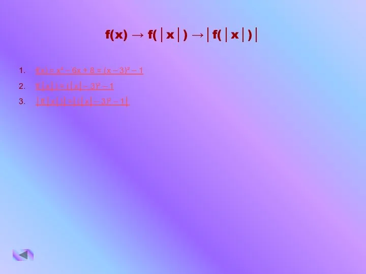 f(x) → f(│x│) →│f(│x│)│ f(x) = x² – 6x + 8